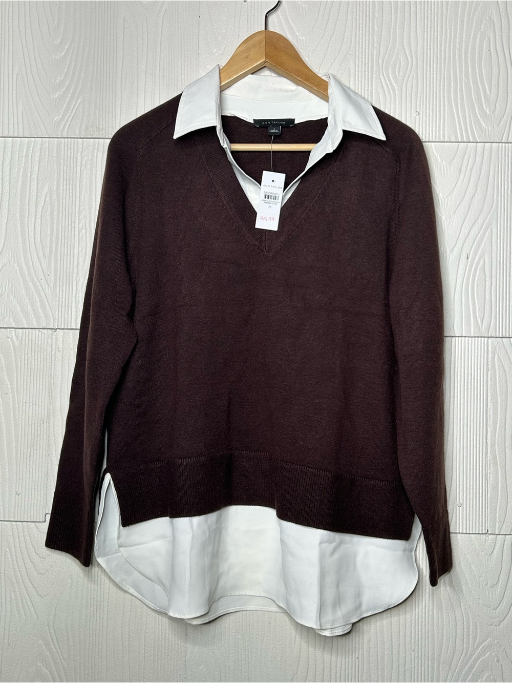 Ann Taylor Brown V-Neck Sweater with Faux White Shirt Layer